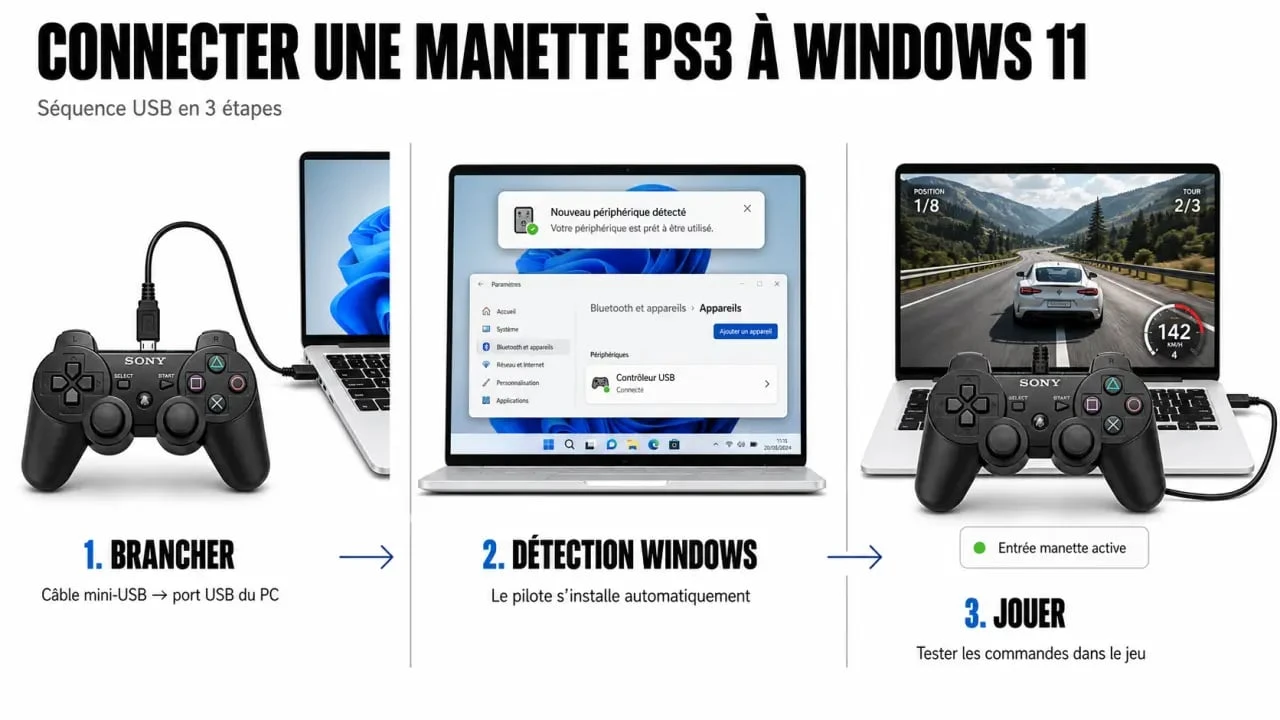 Manette PS3 sur PC Windows 11 connectée en USB avec étapes de configuration