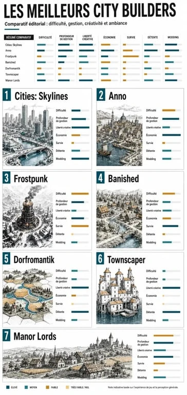 Meilleur city builder : comparatif éditorial des jeux Cities: Skylines, Anno, Frostpunk, Banished, Dorfromantik, Townscaper et Manor Lords