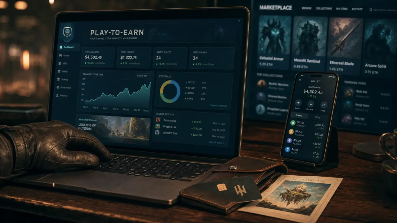 Jeux play-to-earn : laptop crypto, NFT et dashboard de gains