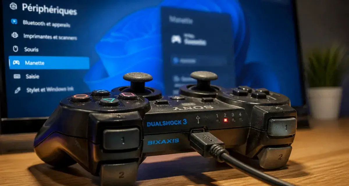 Manette PS3 sur PC Windows 11 en USB : prise mini-USB et menu Périphériques