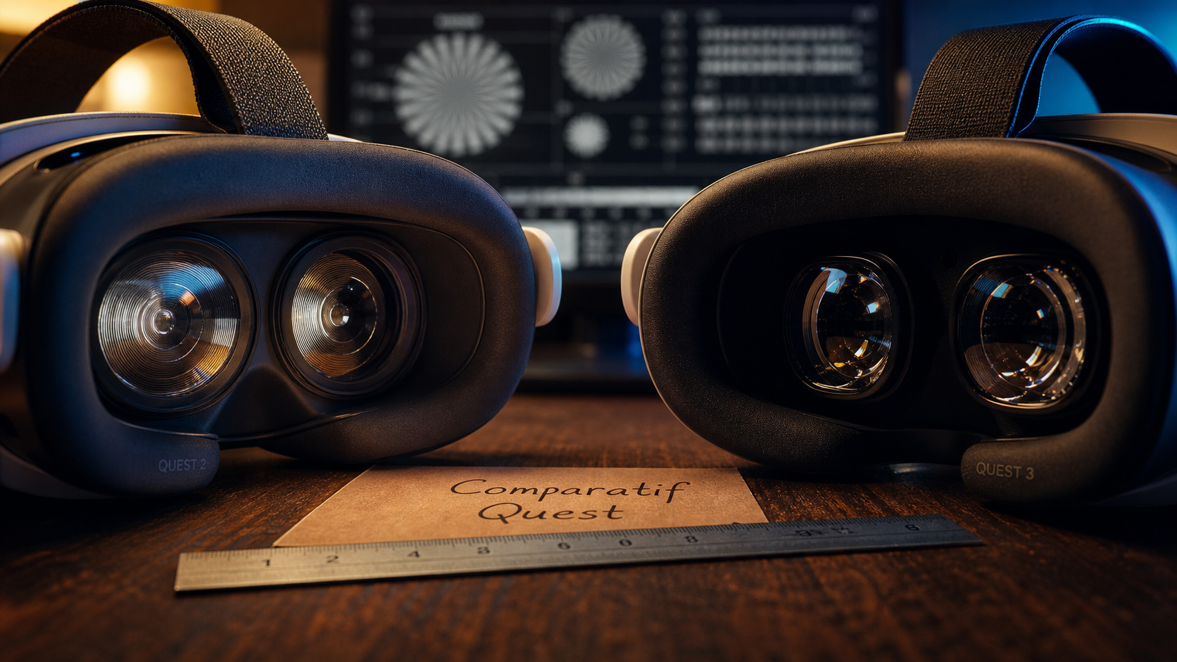 meta quest 2 vs meta quest 3 : casque VR sur table, comparaison lentilles