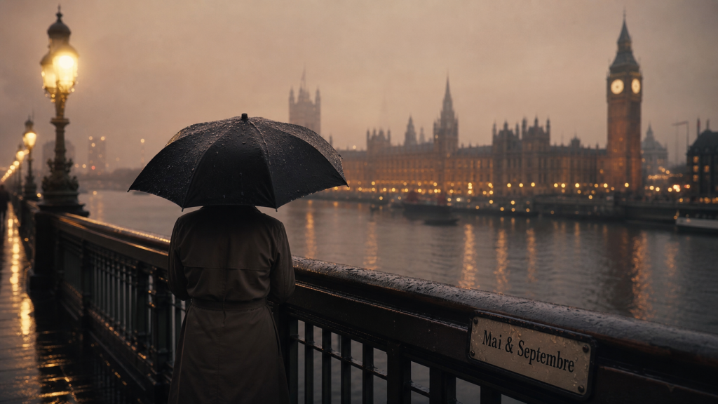 Quand aller a Londres : brume de la Tamise vers Big Ben, parapluie ouvert