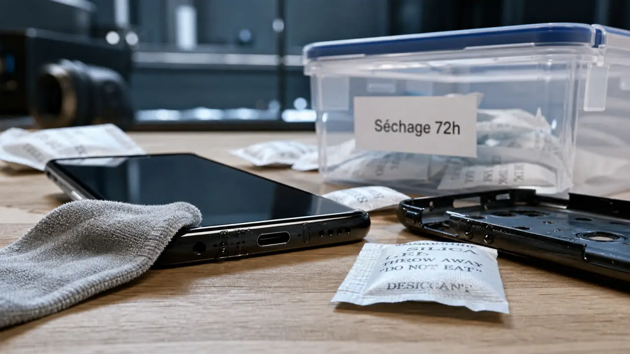 Téléphone tombé dans l’eau, séchage 72h au gel de silice
