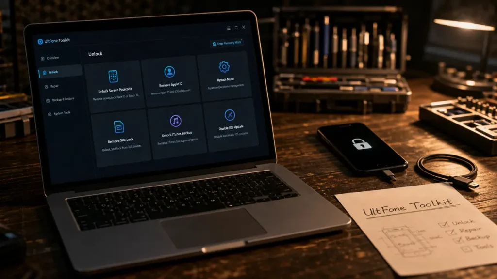 ultfone toolkit pour iPhone : déverrouiller iOS, réparer et transférer WhatsApp
