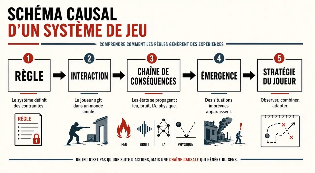 Jeu video avec une structrue systremique : schéma causal montrant règle, interaction et émergence