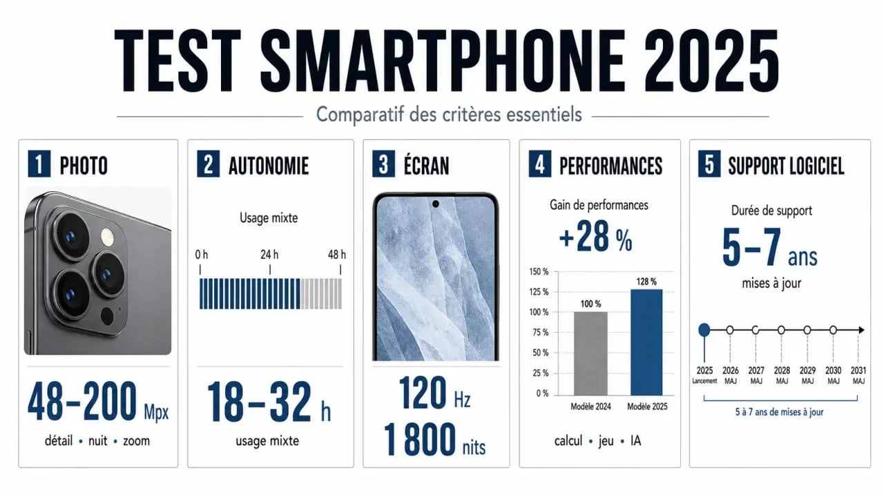Test smartphone 2025 : comparatif visuel des critères photo, autonomie, écran, performances et support logiciel