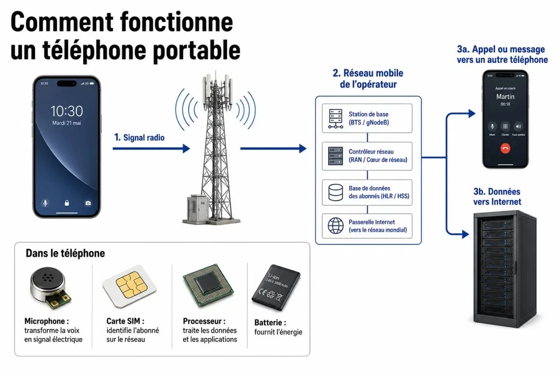 Schéma de comment fonctionne un téléphone portable avec antenne relais, réseau mobile et signal radio
