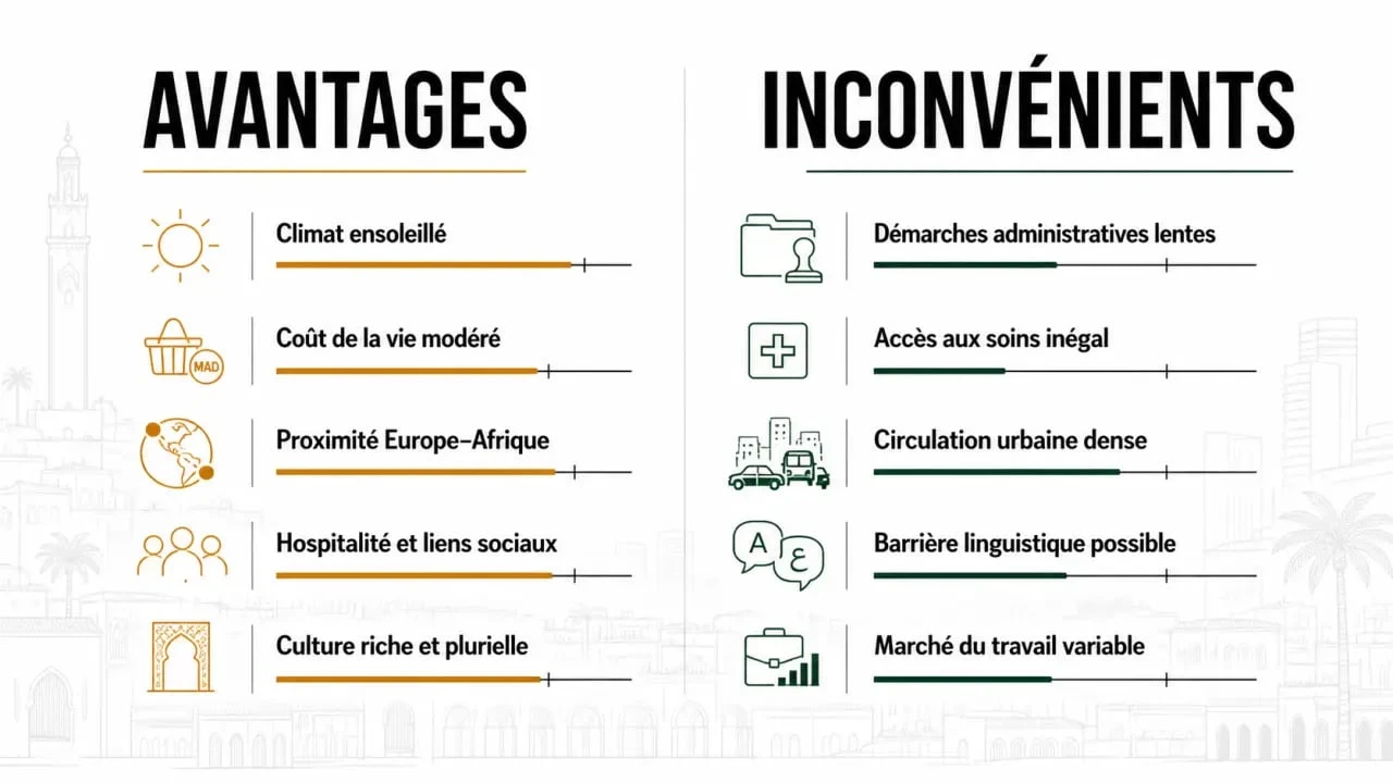 Vivre au Maroc avantage et inconvenient : comparaison visuelle des avantages, limites et points de vigilance