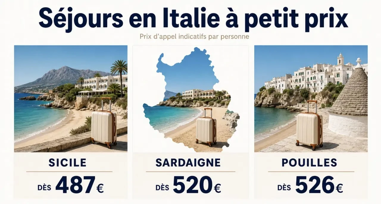 Voyage pas cher tout compris italie : comparatif visuel des meilleures destinations entre Sicile, Sardaigne et Pouilles avec prix d’appel