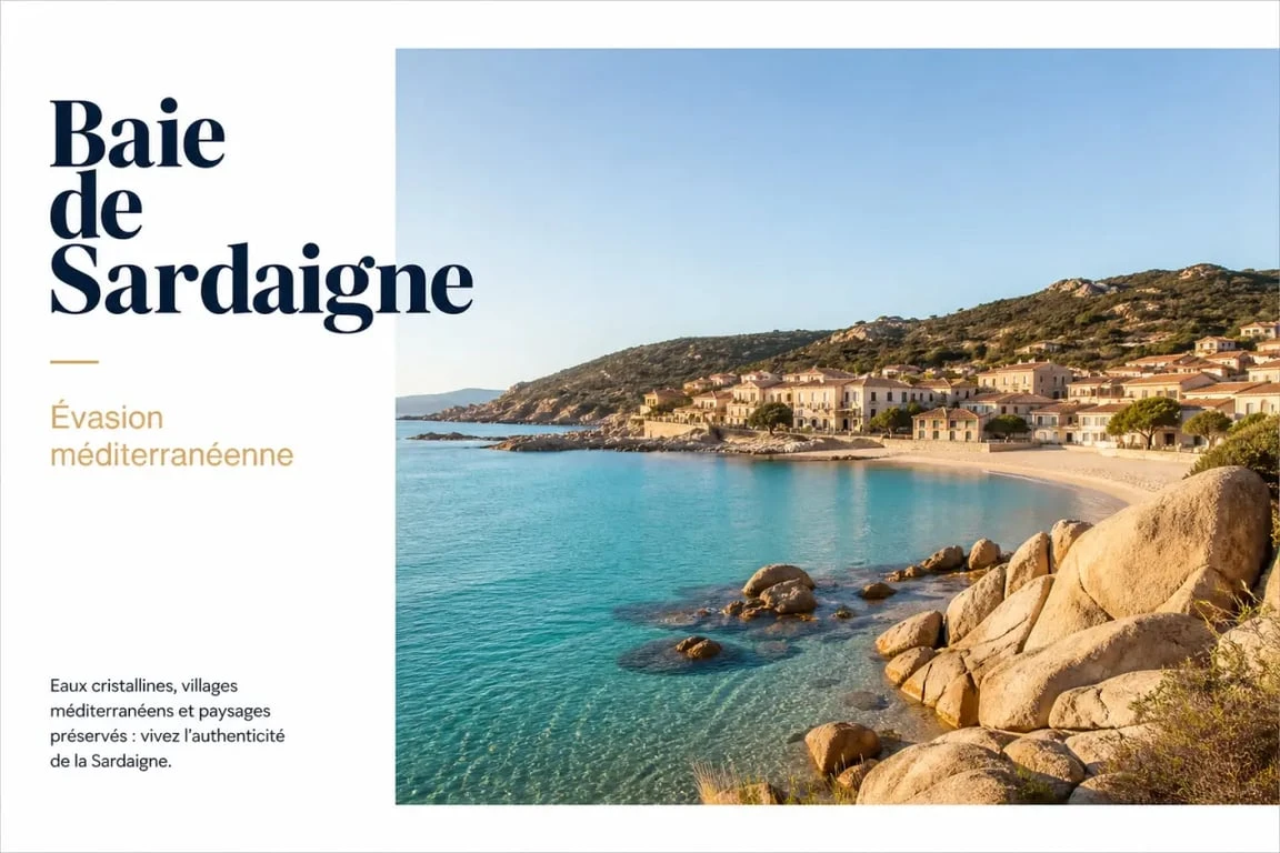Voyage en Sardaigne pas cher : baie turquoise et village méditerranéen en lumière naturelle