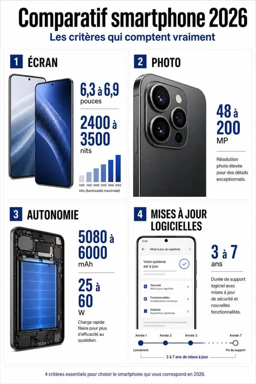 Infographie test smartphone 2026 comparant écran, photo, autonomie et mises à jour