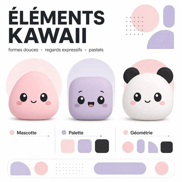 Codes visuels du kawaii japonais avec formes arrondies et couleurs pastel