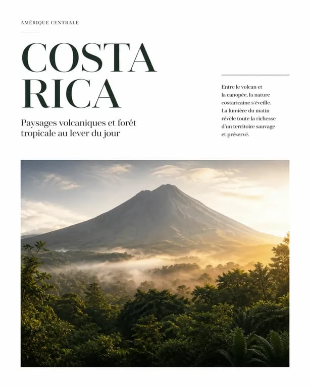 Guide voyage costa rica : paysage éditorial du Costa Rica avec volcan et forêt tropicale