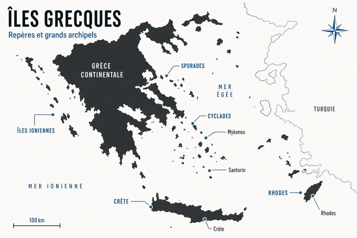 Carte des iles grecques avec les Cyclades, la Crète, les îles Ioniennes, les Sporades, Mykonos, Santorin et Rhodes