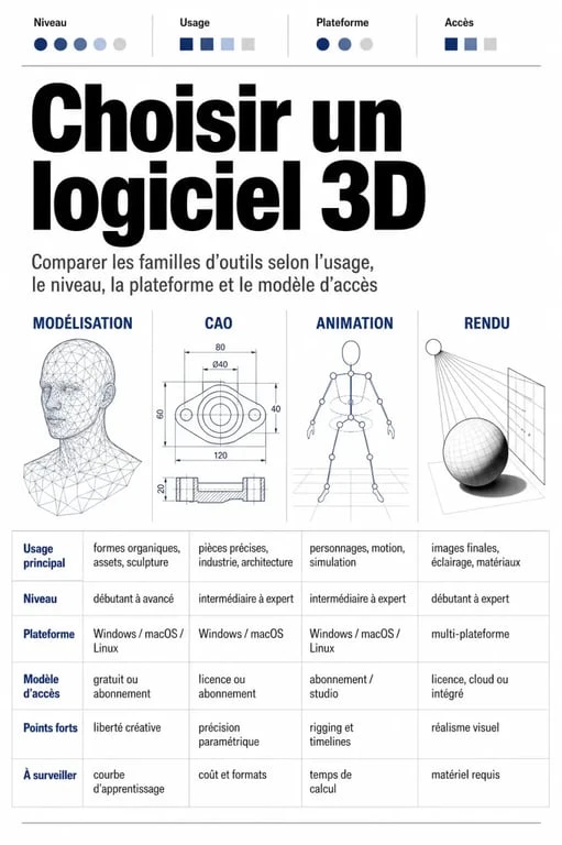 Infographie comparative pour choisir un 3d logiciel selon l’usage, le niveau et le budget