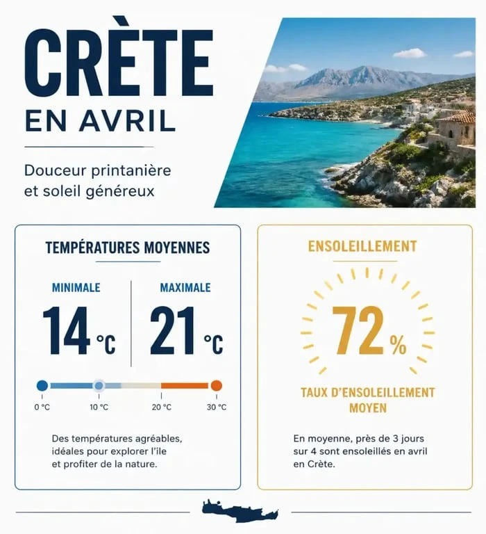 Infographie des températures et ensoleillement en Crète en avril