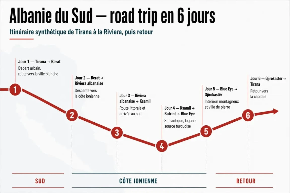 Road trip albanie 6 jours : frise visuelle de l’itinéraire entre Tirana, Berat, la Riviera et Gjirokastër