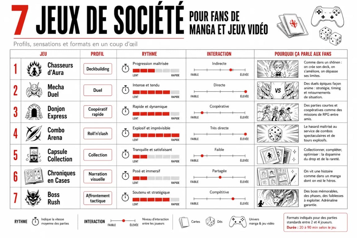 7 jeux de société à recommander aux fans de manga et de jeux vidéo : visuel comparatif des licences, mécaniques et profils joueurs