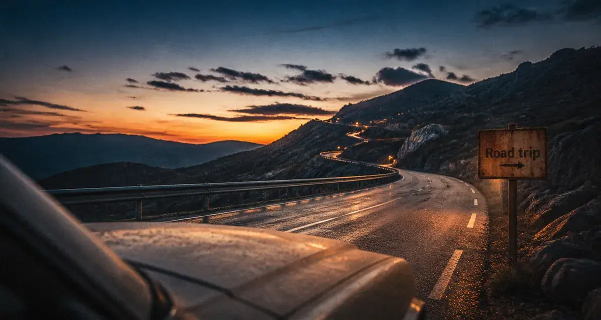 Road trip france albanie : autoroute au crépuscule, voiture beige