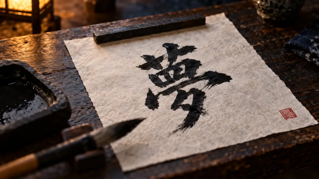 Calligraphie japonaise sur washi : fude, suzuri et idéogramme kaisho