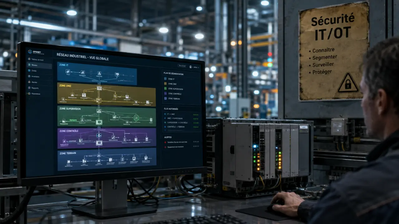 Cybersécurité industrie : carte IT/OT et technicien en usine