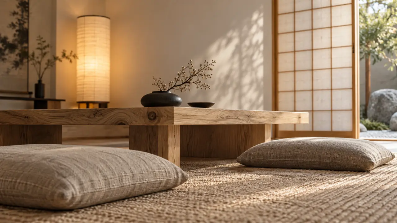 Déco japonaise : salon zen minimaliste, table basse et zabutons.