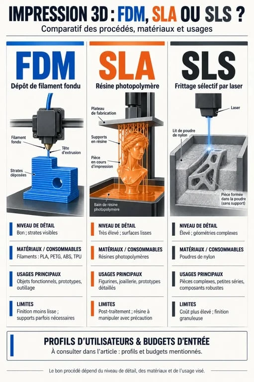 Test imprimante 3D : comparaison visuelle des technologies FDM, SLA et SLS