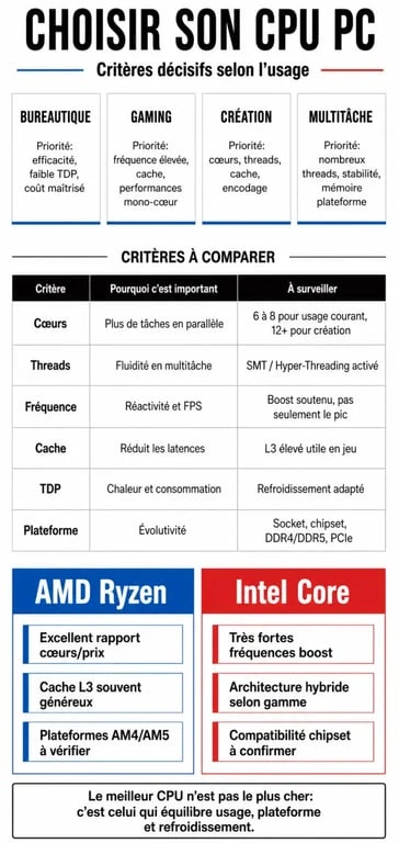 Comparatif processeur PC : critères clés pour choisir selon l’usage, le TDP, le cache et la compatibilité