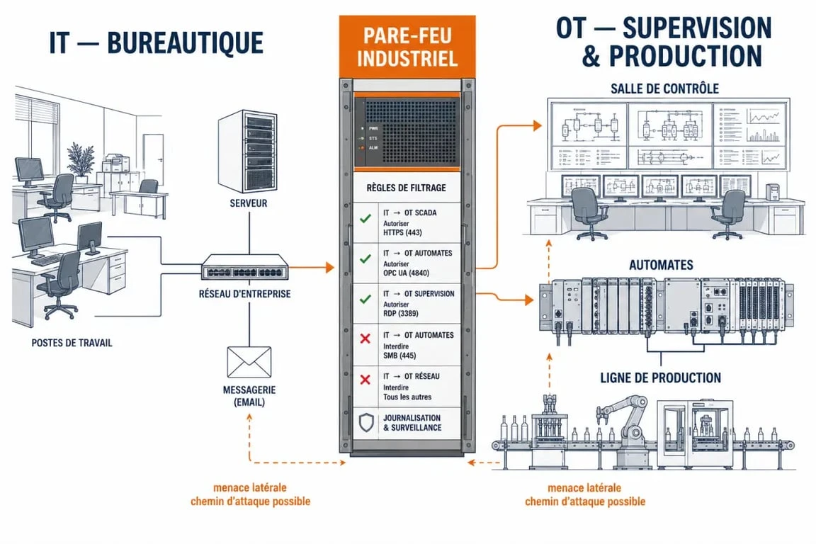 Cybersécurité industrie : schéma des zones IT et OT dans une usine avec segmentation réseau