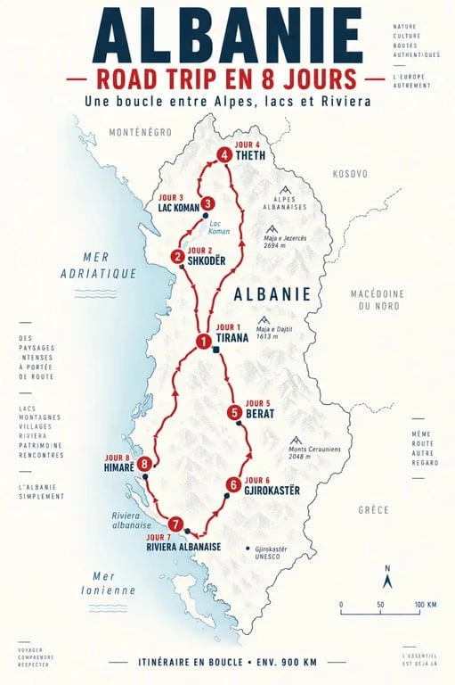 Carte de l'itinéraire road trip Albanie 12 jours du nord montagneux à la Riviera