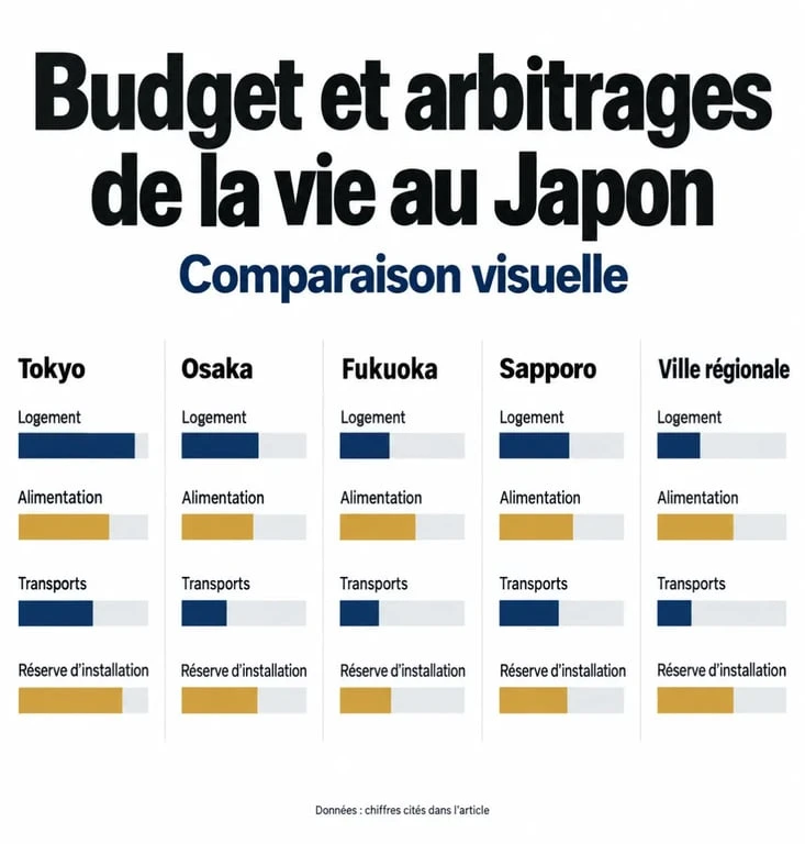 Infographie sur le budget mensuel et le coût de la vie au Japon selon la ville