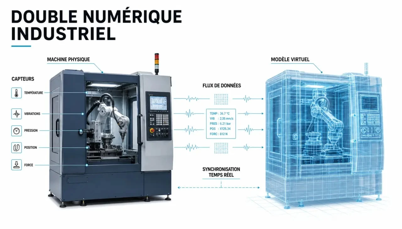 Jumeau numérique industrie : machine industrielle et double virtuel reliés par des données