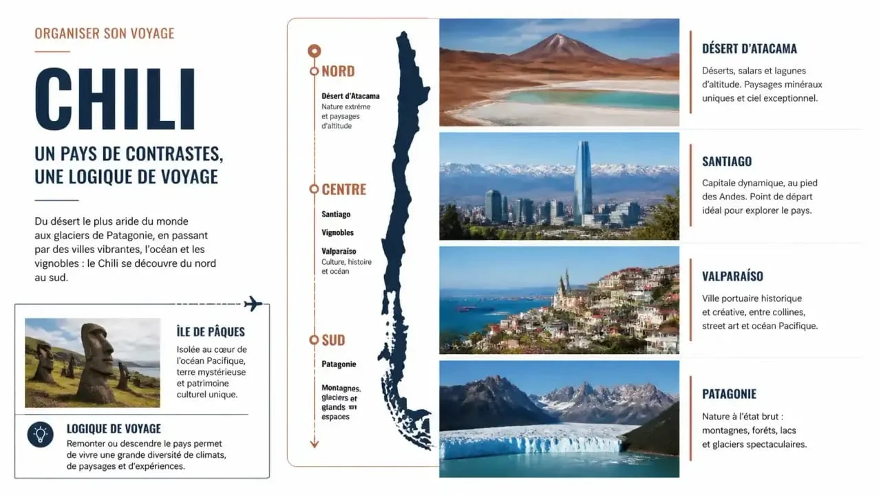 Organisation voyage Chili : les grandes régions à combiner entre Atacama, Santiago, Valparaiso et Patagonie