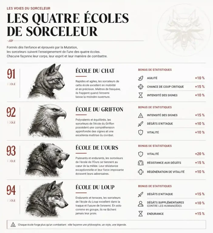 Schéma des sets d'armures des écoles de sorceleur dans The Witcher 3 soluce