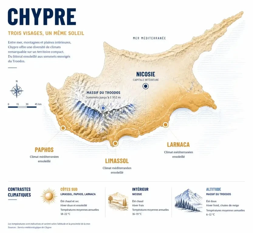 Carte des différences climatiques entre côte, Nicosie et massif du Troodos à Chypre