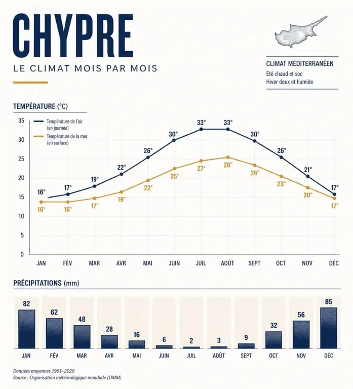 Graphique climat Chypre quand partir : températures air et mer mois par mois