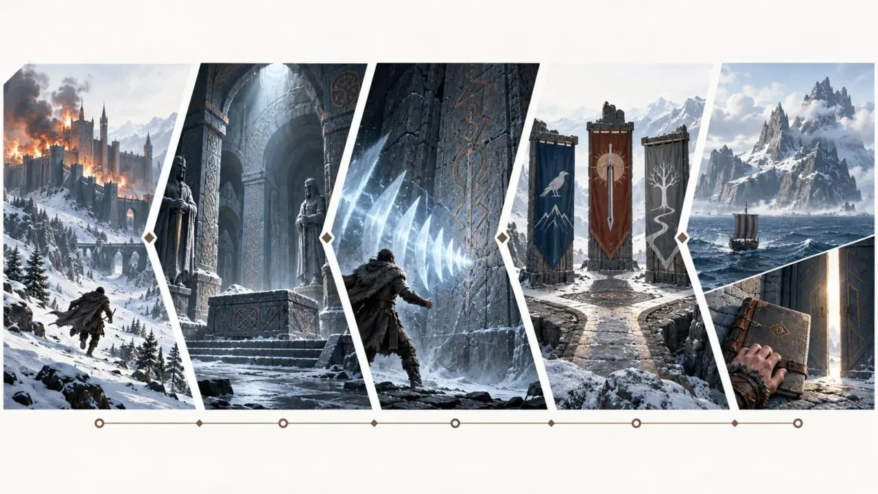Soluce pour Skyrim : progression illustrée entre histoire principale, exploration, guildes et extensions