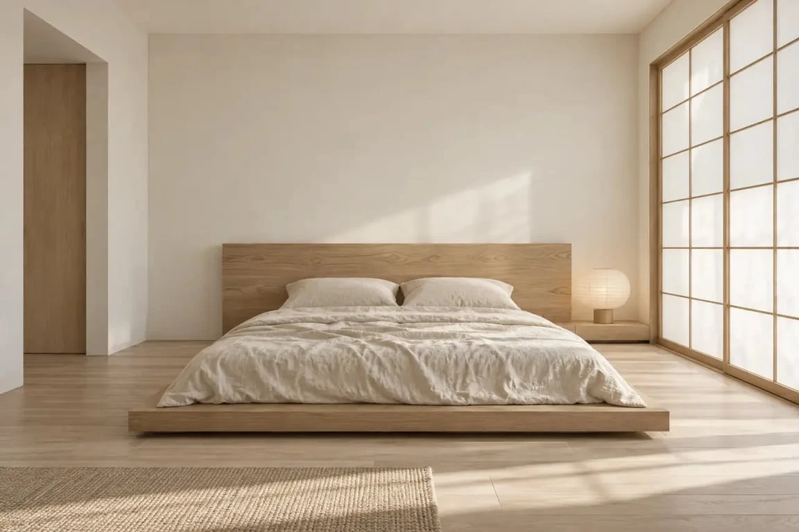 Déco japonaise dans une chambre avec lit bas, lin naturel et panneau inspiré des shoji