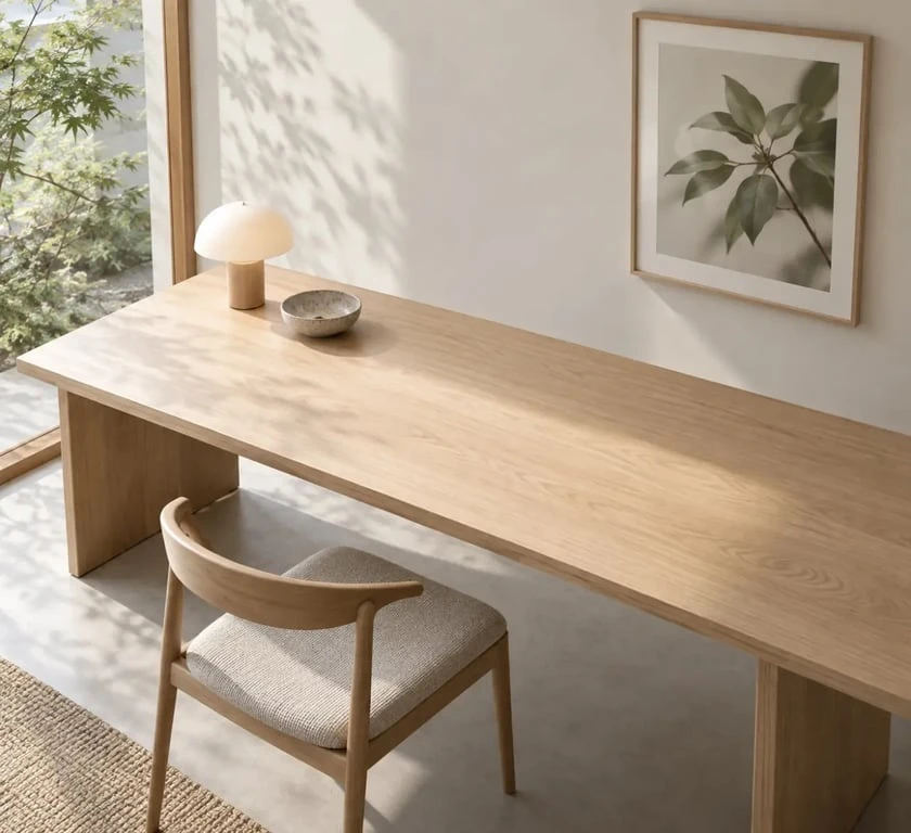 Déco japonaise dans un bureau minimaliste aux matières naturelles