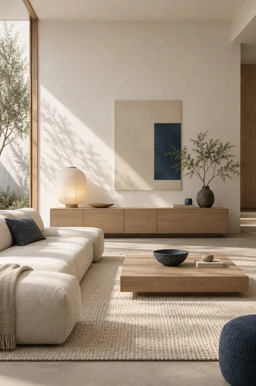 Déco japonaise dans un salon avec meuble bas en bois clair et lampe washi
