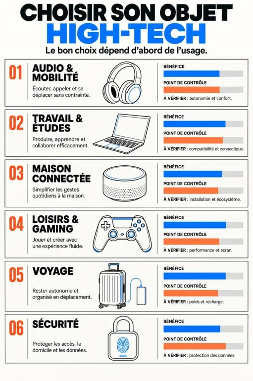 Infographie pour choisir un objet high-tech selon l’usage, le budget et la compatibilité