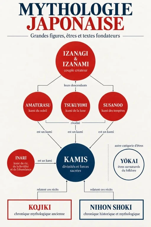 Schéma visuel de la mythologie japonaise entre kamis, yokai et divinités majeures