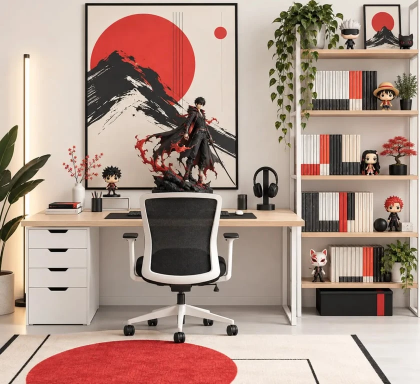 Décoration manga d’un bureau et d’une étagère avec figurines et lampe LED