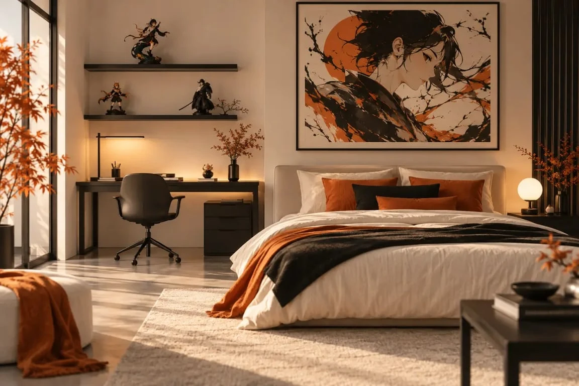 Décoration manga dans une chambre avec poster, lampe LED et figurines