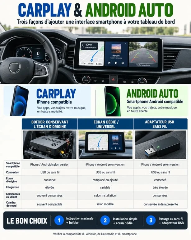 Infographie comparative car play android auto, boîtier, écran et adaptateur USB