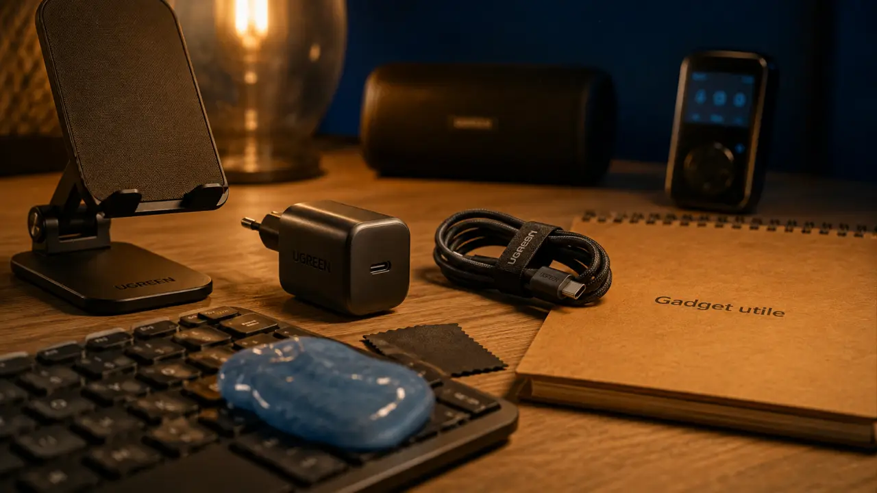 Gadget high tech utile sur bureau : chargeur USB‑C et smartphone