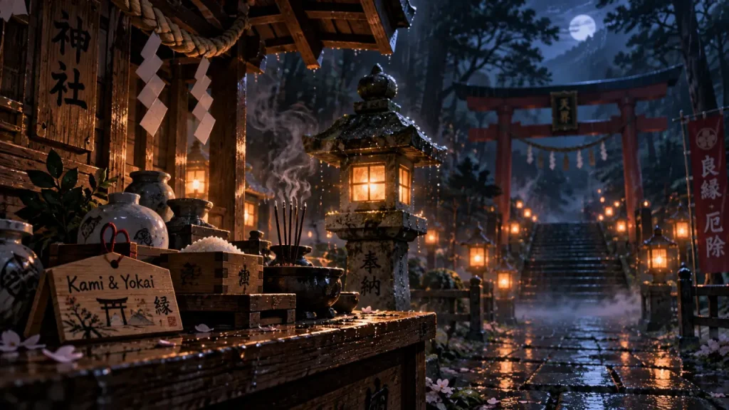 Mythologie japonaise : Kamis et yokai au sanctuaire shinto nocturne