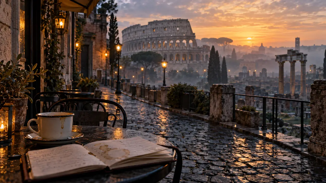 Ville en italie a visiter : Rome au lever du jour, café terrasse et Colisée dans la brume