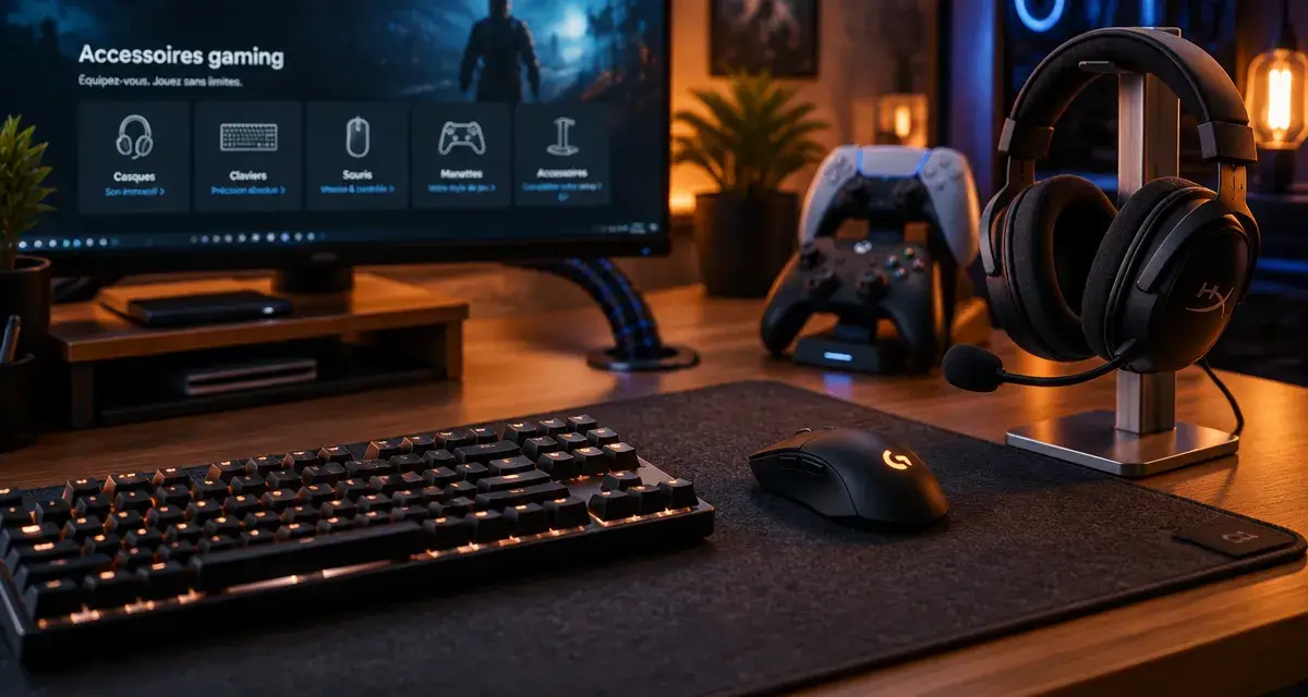 Accessoires gaming : bureau PC organisé pour confort et précision (clavier, souris, casque)