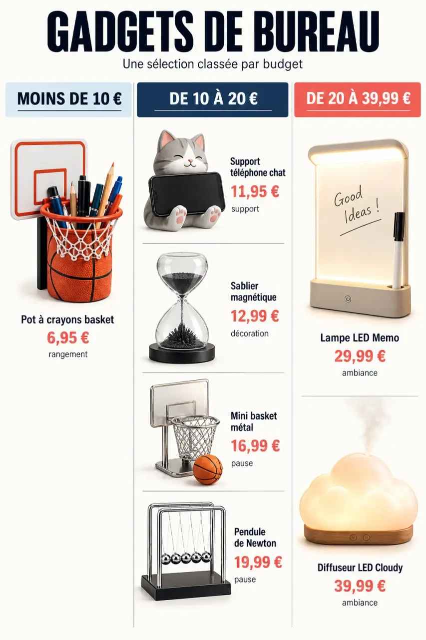 Gadgets de bureau originaux classés par prix, du pot à crayons basket à la lampe LED